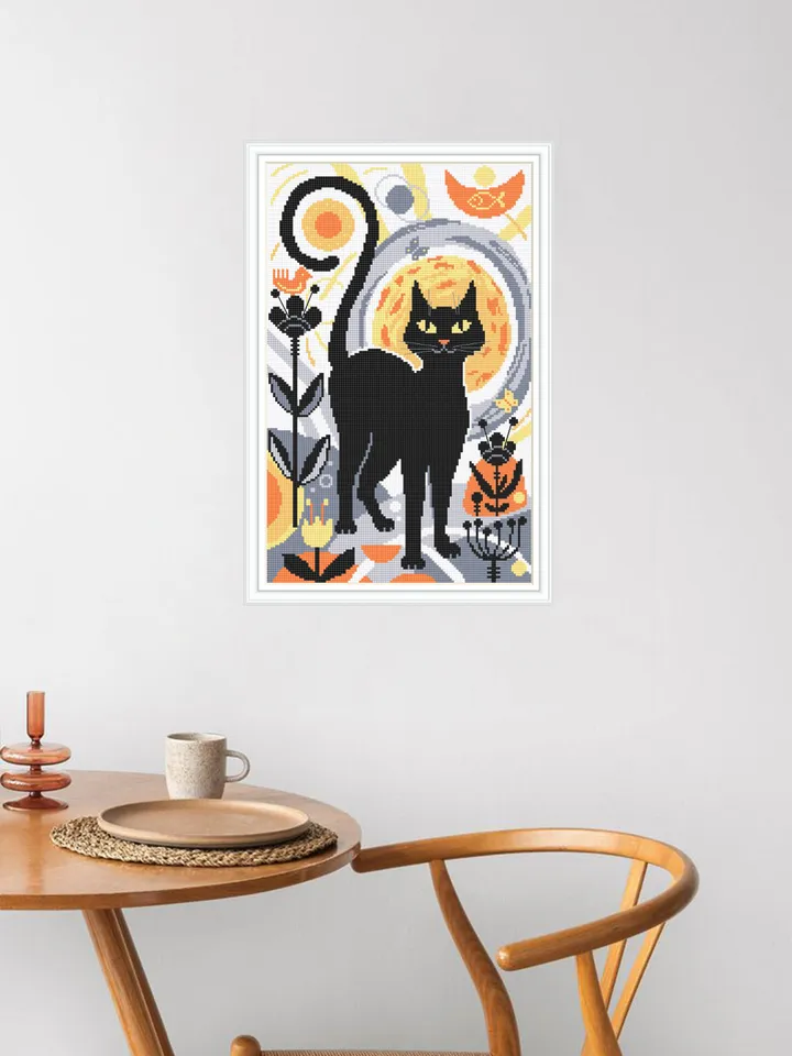 Boho cat cross stitch pattern PDF download Boho cross stitch chart, Abstract pattern digital PDF, Black cat embroidery, Boho wall decor #K22
