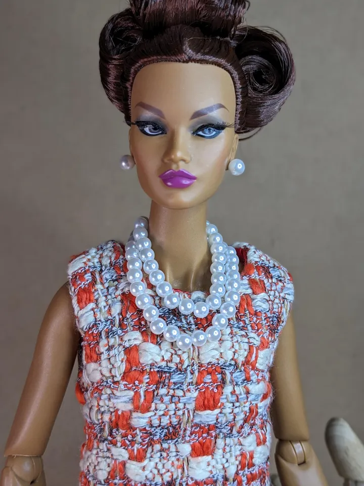 Handmade checked bouclé mini dress for 16-inch Fashion Royalty dolls (FR16)