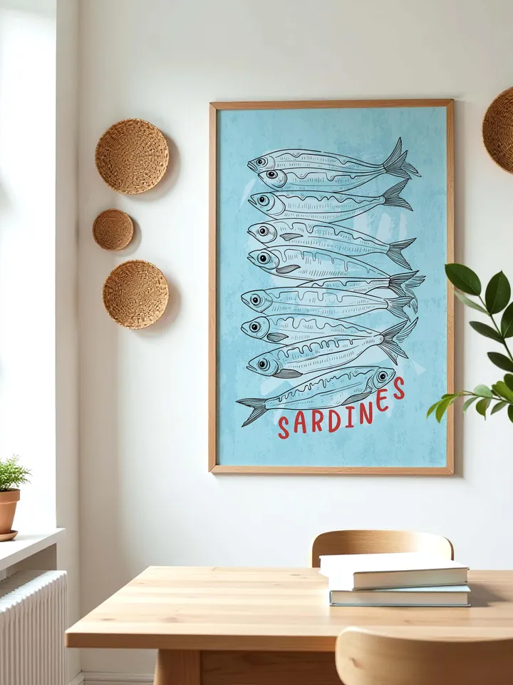 Sardine Wall Art, Sardines Tin Fish Poster, Colorful Kitchen Print, Maximalist Home Decor, Vintage Style Digital Artwork, Retro Sardine Art