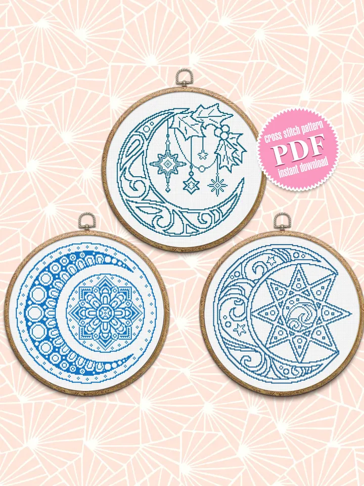 Crescent moon cross stitch pattern download PDF Christmas moon embroidery PDF, Monochrome mandala set cross stitch, Easy beginner stitch #S4