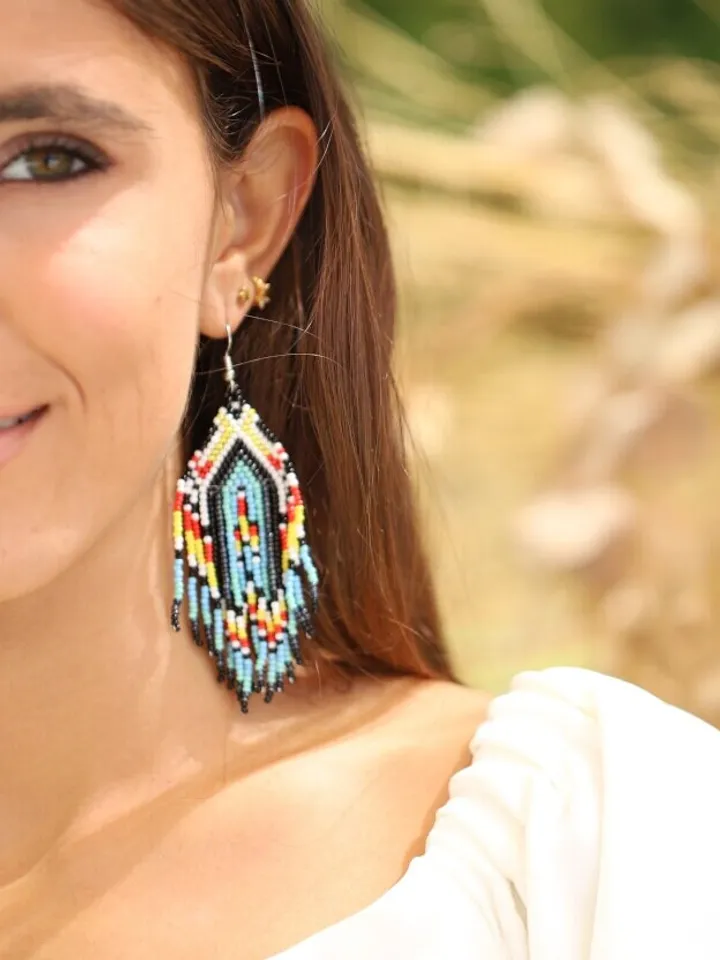 Blue Boho Wedding Earrings, Long Beaded Fringe Earrings, Chandelier Statement Bridal Earrings, Tassel Earrings, Bohemian Statement Jewelry,