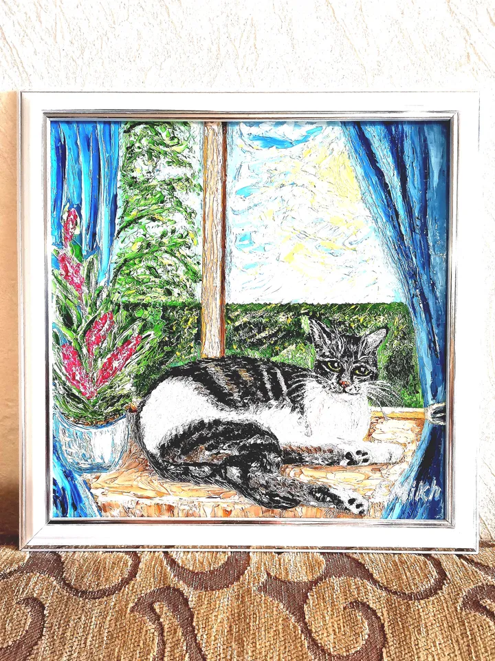 Textured oil painting "Cat", impasto 3d, 20x20 cm (7,87х7,87 inches)