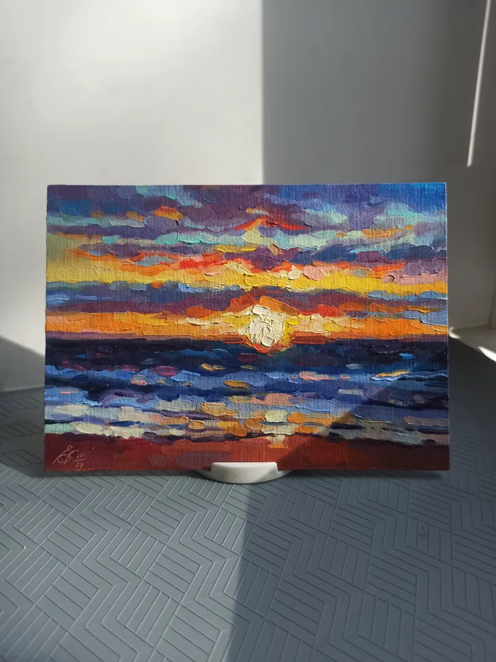 Seascape, Sunset at the sea, Small original oil painting 5x7 inches