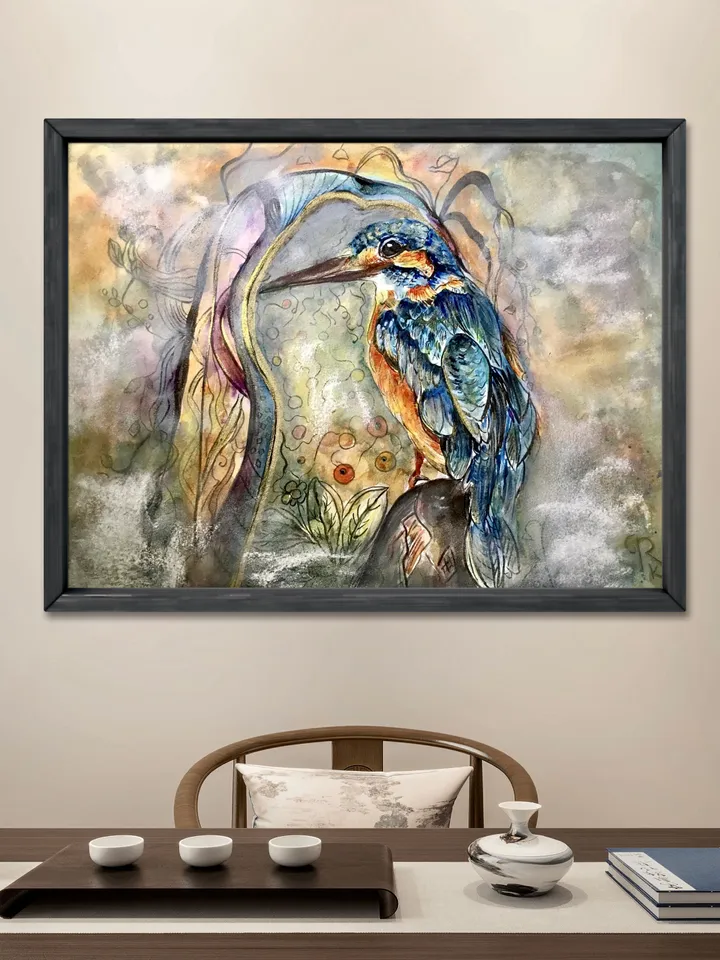 Kingfisher bird original watercolour mix media painting on watercolour paper,birds painting original wall art,interier decoration,gift.