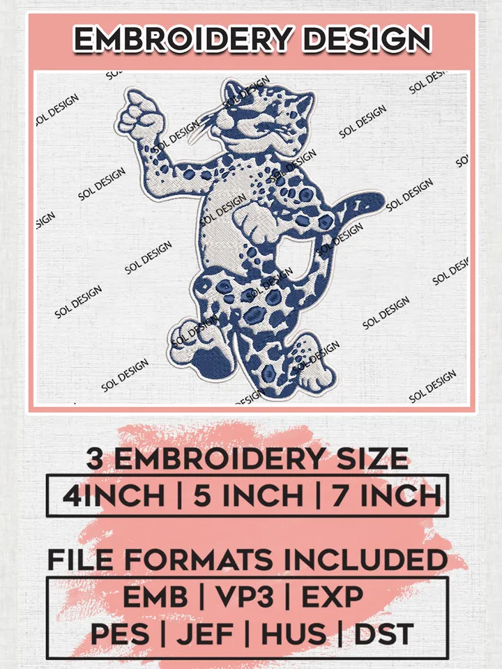 South Alabama Jaguars Team Mascot Logo Embroidery Design Files, NCAA South Alabama Jaguars Machine Embroidery, NCAA Teams, 3 sizes, NCAA Machine embroidery designs, Digital Download