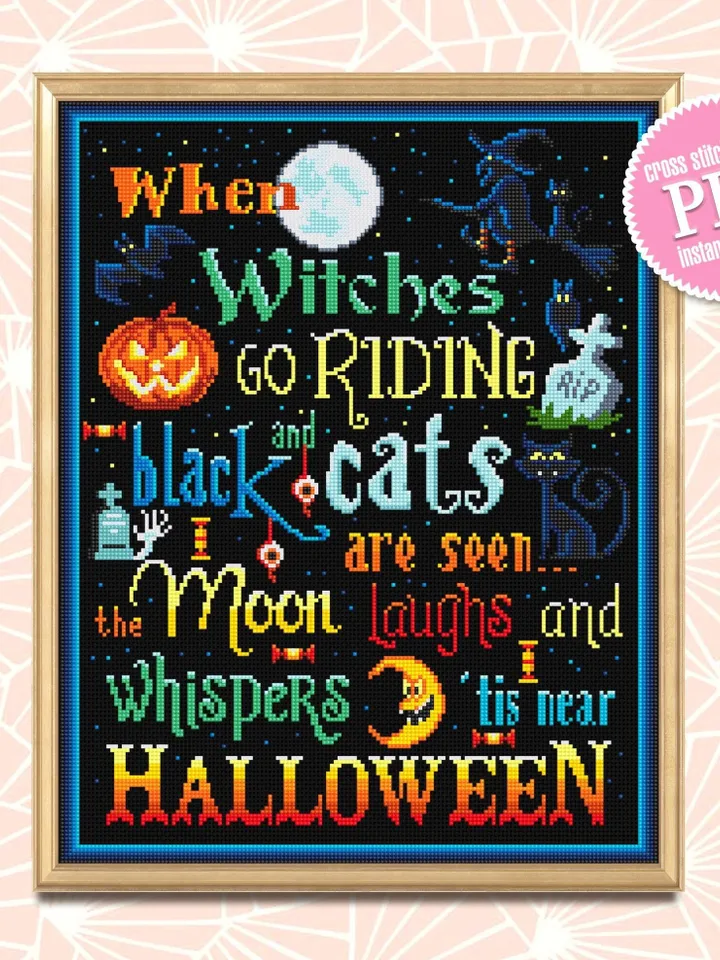 Halloween quotes cross stitch pattern download PDF Horror Halloween night cross stitch Magic xstitch chart Black witch cat embroidery #H18
