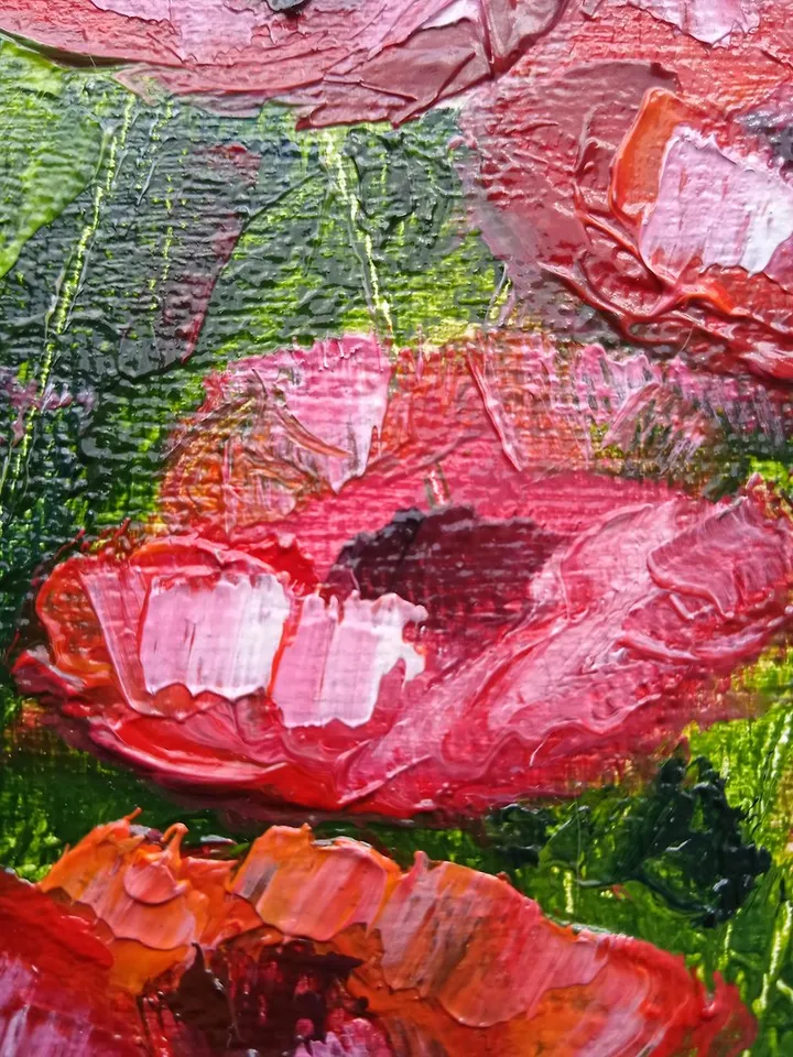 Oil painting, Bright red flowers, Canvas, Meadow Art, Red Poppies,Impasto Art