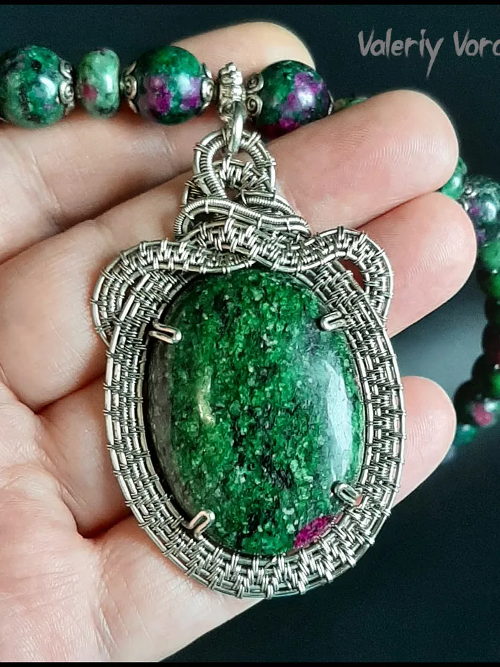 Handmade necklace with a pendant made of natural Zoisite and nickel silver wire.