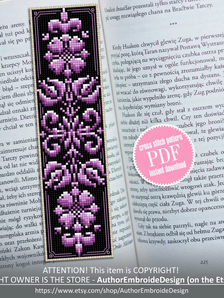 Floral ornament bookmark cross stitch pattern PDF download Modern Handmade bookmark digital PDF, Purple flowers cross stitch chart #B134