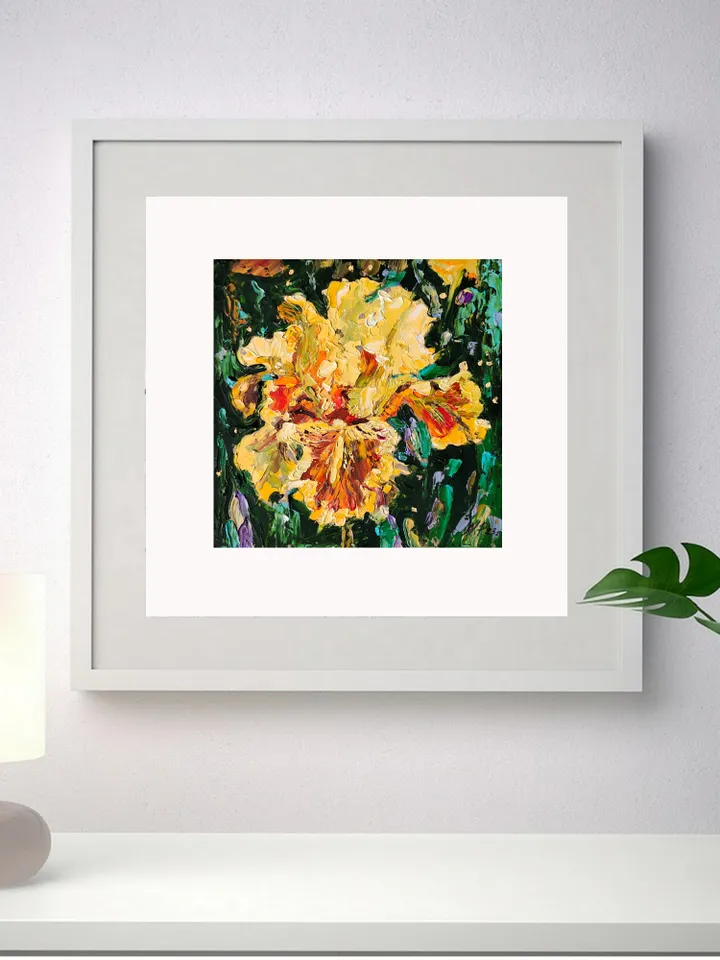 Iris painting Floral Original Art 6 by 6 Yellow flower impasto artwork by Natalia Plotnikova