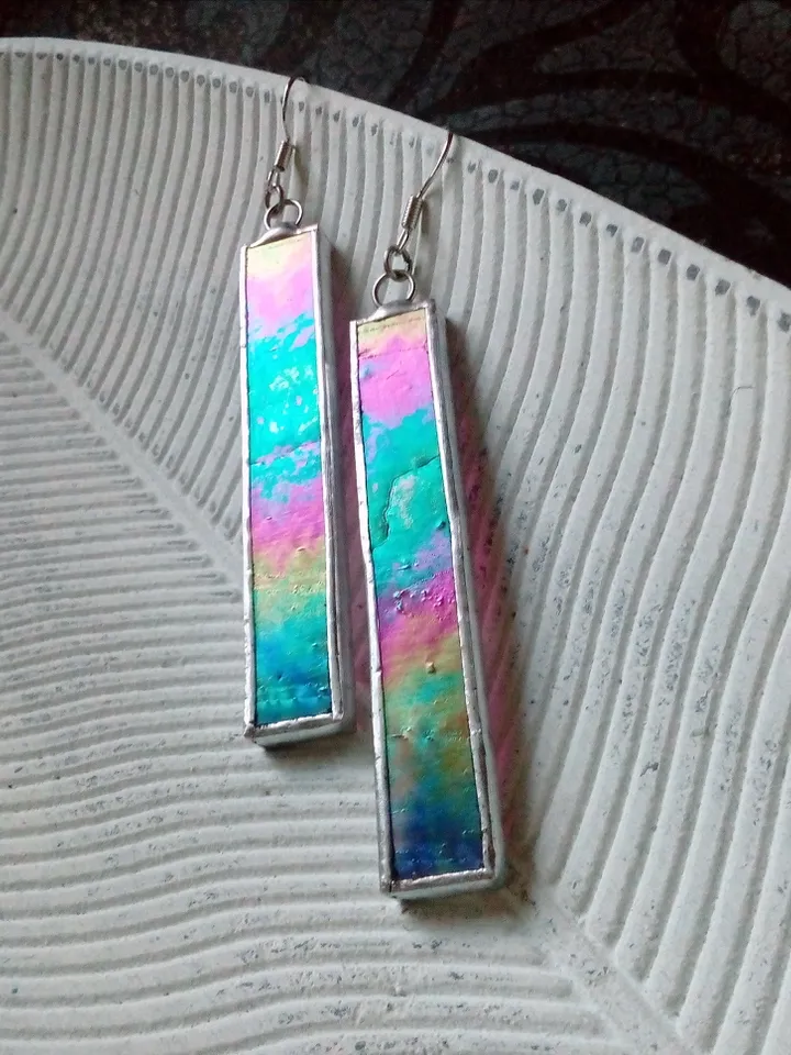 Iridescent stained glass earrings, cute rectangle earrings, dichroic earrings, duochrome earrings