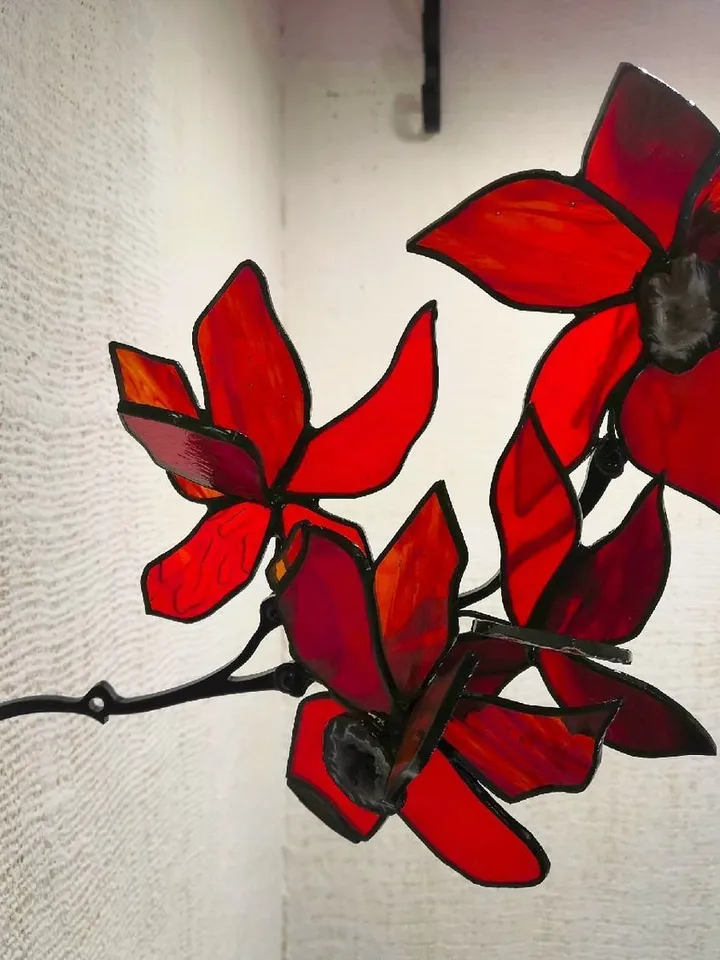 Stained Glass: Red Orchid Branch (Small) with Agates, Small Red Orchid Branch with Agates, Tiffany Stained Glass: Red Orchid Sprig with Agate Inlays, Red Orchid Branch (Small) with Agates, Handcrafted Tiffany Glass: Small Red Orchid with Agates