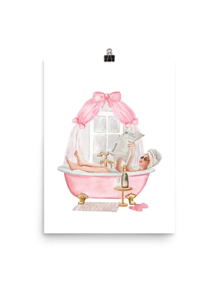 Pink Bathroom Vintage Bow Watercolor Print, Woman Drinking Art, Pink Bow, Pink Bathtub, Boho Bathroom, Bath Decor, Gift For Her, Bathtub Art