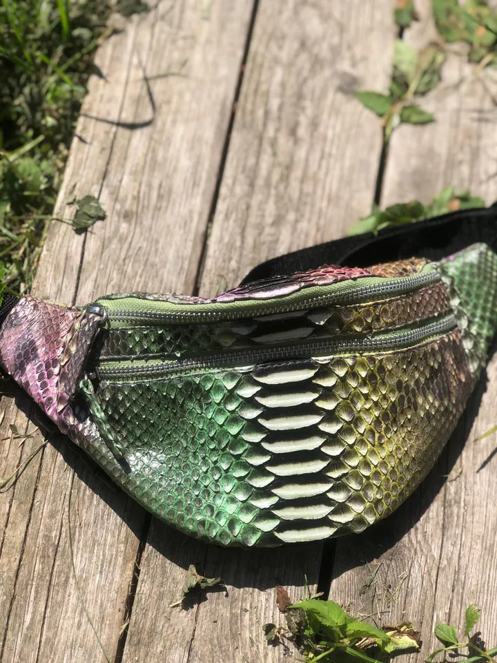 Genuine Python Skin Fanny Pack  Bronze Green Milticolor  | Leather Belt Bag| Unisex Fanny Pack | Exotic Leather Bags | Snake Print Bag