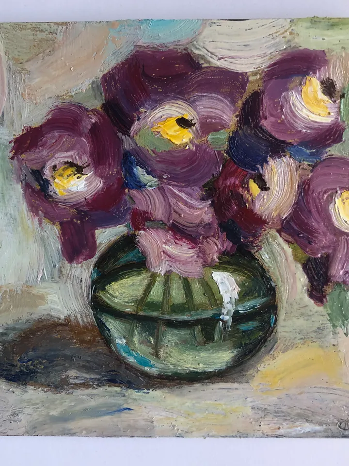 Vase with flowers original oil painting handmade wall art bouquet peonies on cardboard 6x6 inches modern art