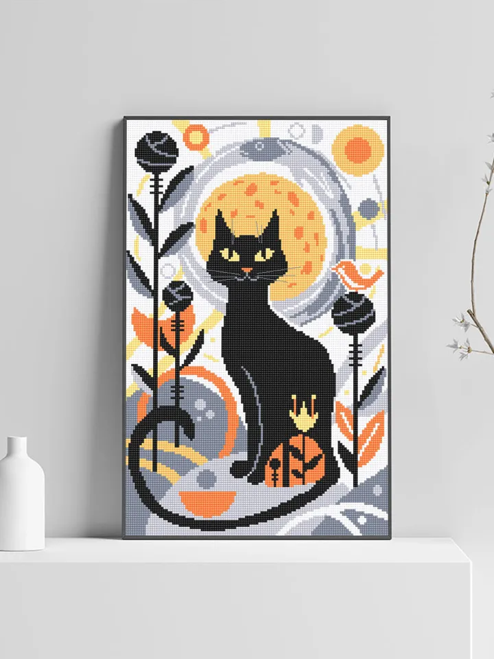 Boho cat cross stitch pattern PDF download Boho cross stitch chart, Abstract pattern digital PDF, Black cat embroidery, Boho wall decor #K21