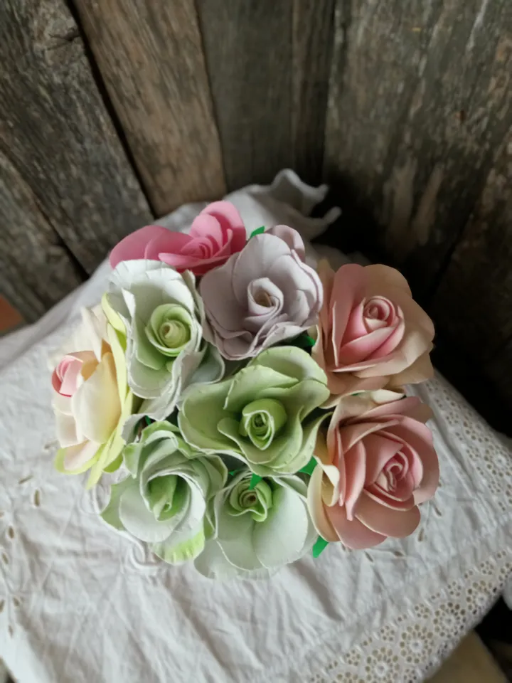 Handmade Foam Rose and Eustoma Bouquet in Paper Pot with Bow - 15 cm Height. Gift for her. Birthday present. Christmas gifts
Home decor indoor. Cozy decor