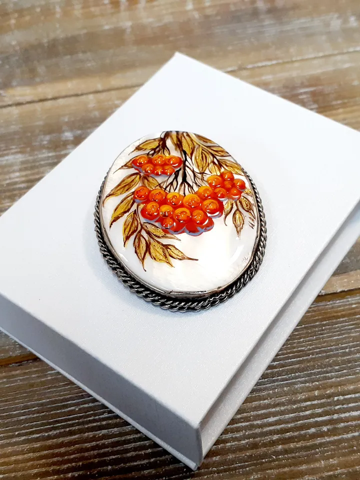 Brooches for women: Bunch of Rowan berries painted on pearl brooch • Orange handmade painted pin • Gorgeous pin for fall season dress