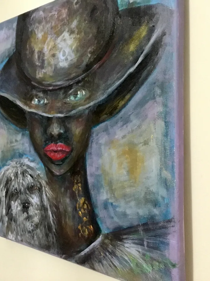 Fantasy woman in a hat with a small dog painting,original acrylic painting on canvas,home decoration wall art, unique gift.