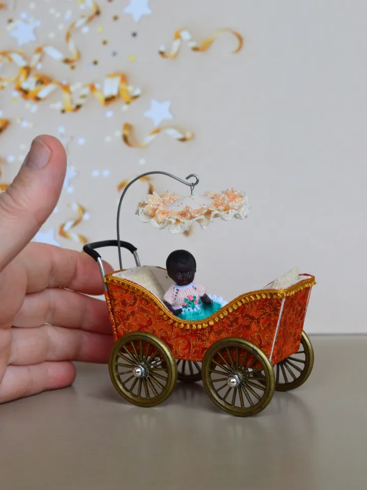 Miniature toy stroller for two small dolls. Handmade miniature stroller for small dolls.