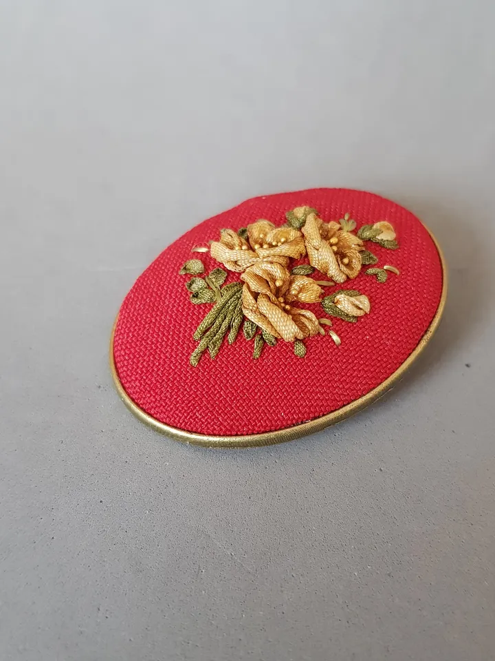 Ribbon embroidered red brooch for her, embroidered jewerly