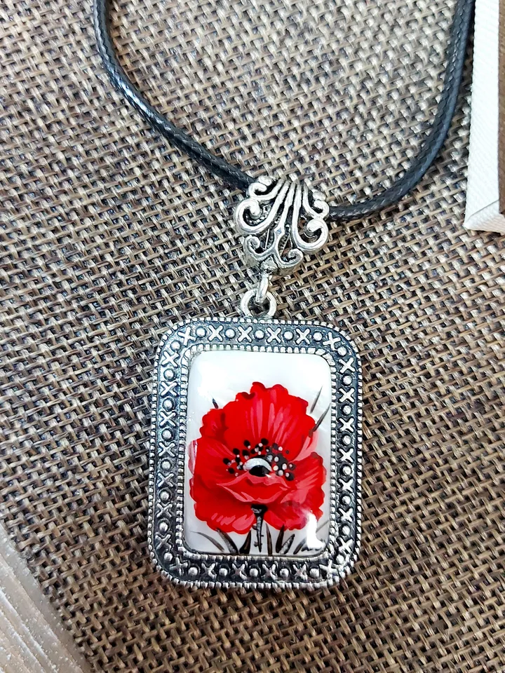 Pearl pendant necklace: Square pendant with big red poppy flower painted on shell • handmade Russian jewelry • unique trendy necklaces