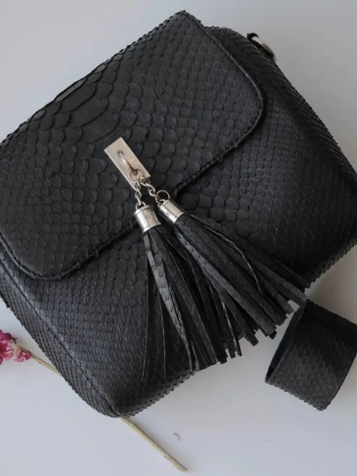 Genuine Python Skin Classy Crossbody Chain Bag Handmade | Tassel Bag Python Leather Detachable Chain Clutch Black Classy Elegant Purse Style
