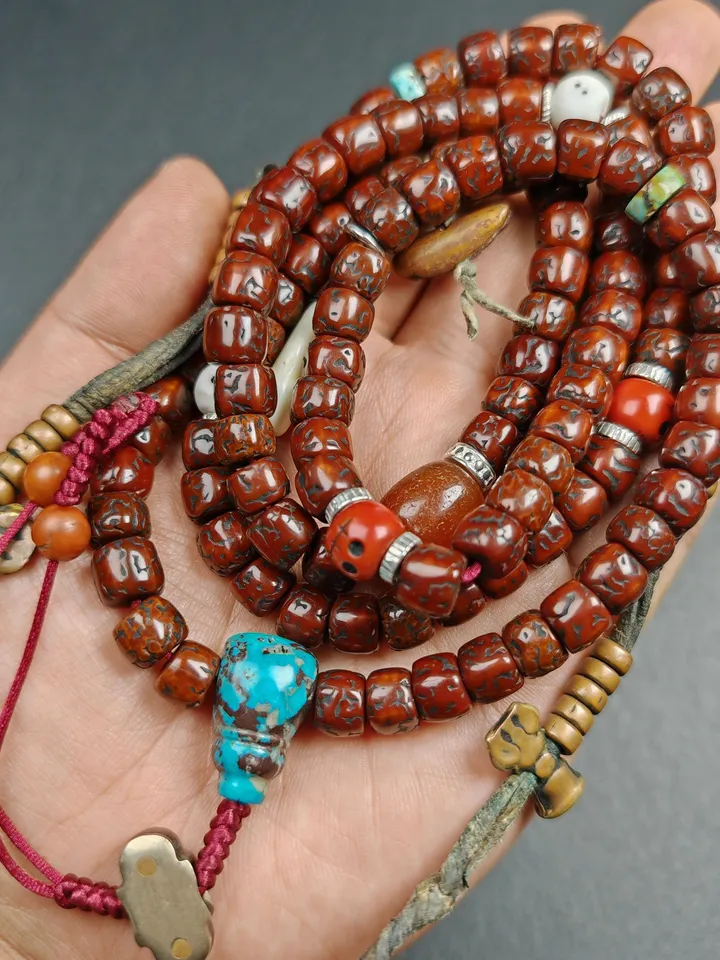 Gandhanra Authentic Tibetan Rosary,Old 8mm 108 Rudraksha Mala Necklace Prayer Beads with Unique Mix of Treasures,Spiritual Gift