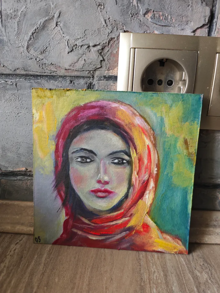 Girl Portrait Original Painting Girl In Red Scarf Original Art Girl In Red Scarf Modern Artwork Girl In Red Scarf Wall Decor Woman In Scarf Oil Painting 6x6 inches by OlgaSokolovaArt