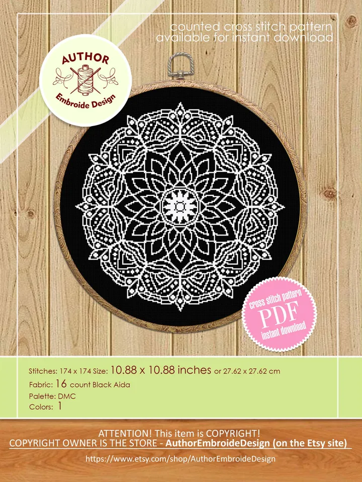 Mandala cross stitch pattern PDF download Monochrome cross stitch chart, Mandala pattern digital PDF, Mandala ornament, DIY Home decor #M267