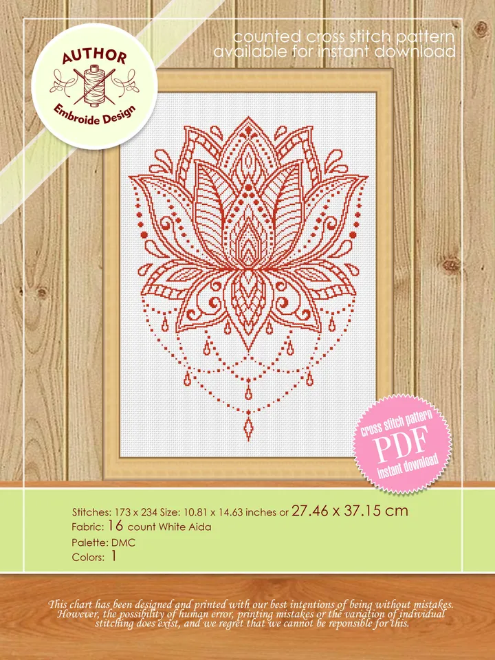 Flower Mandala set cross stitch pattern download PDF Lotus mandala cross stitch, Mandala ornament crescent moon cross stitch chart #S37