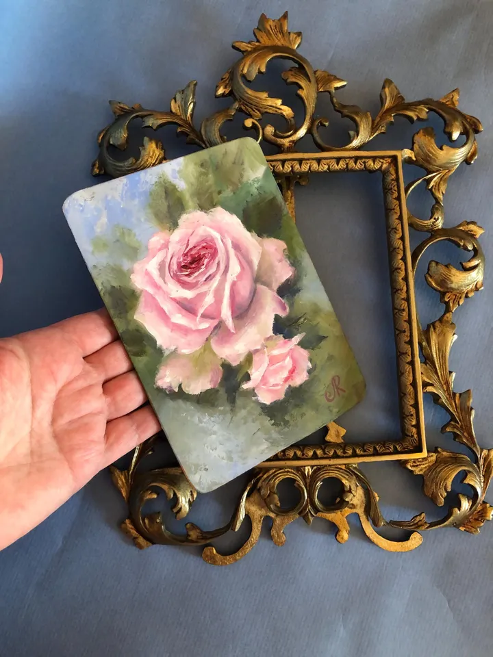 Pink Roses Painting Framed Antique Metal Frame Shabby Chic Painting