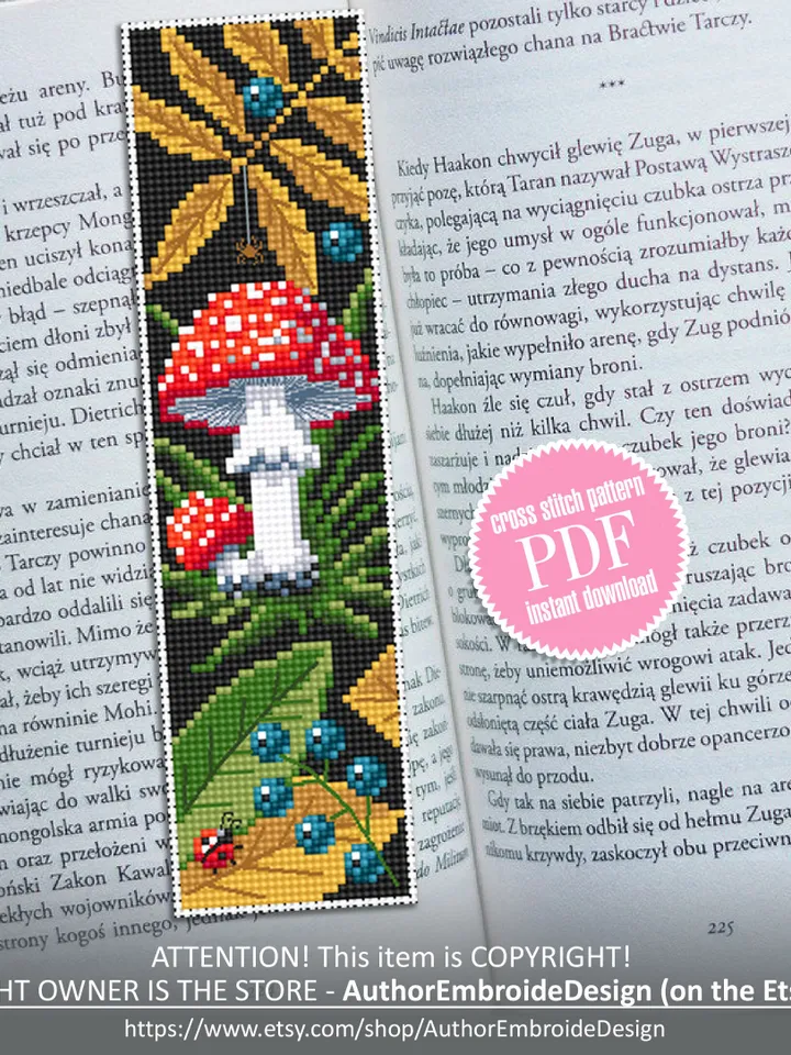 Mushroom bookmark cross stitch pattern PDF download Amanita mushroom cross stitch chart, Digital bookmark pattern PDF, Fall embroidery #B163