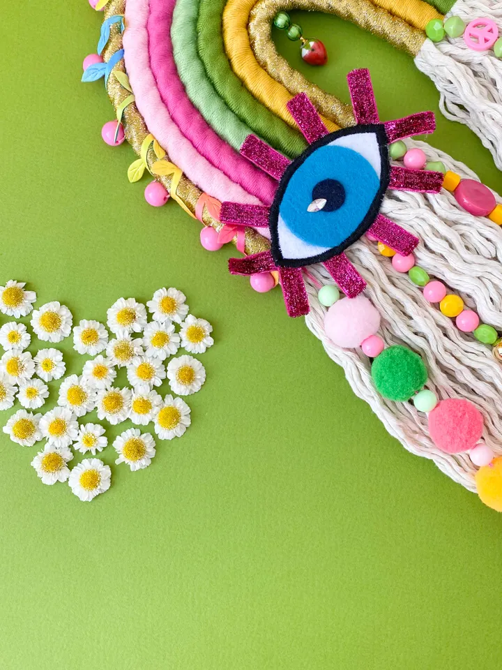 Macrame rainbow wall hanging, Funny birthday gift, Above bed decor, Evil eye charm, Strawberry aesthetic, Boho home decor