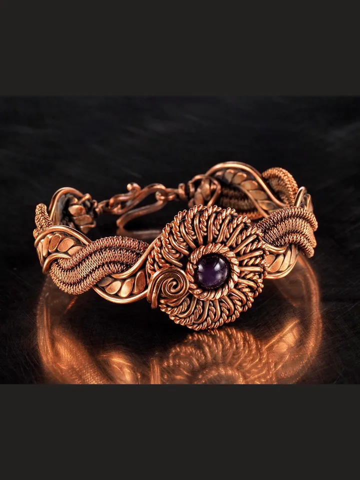 Copper wire wrapped Amethyst bracelet for woman, Statement flower jewelry, 7th Anniversary gift for her woman, Unique copper jewelry, Braided Art Nouveau antique style bracelet, Oxidized pure copper, Handmade