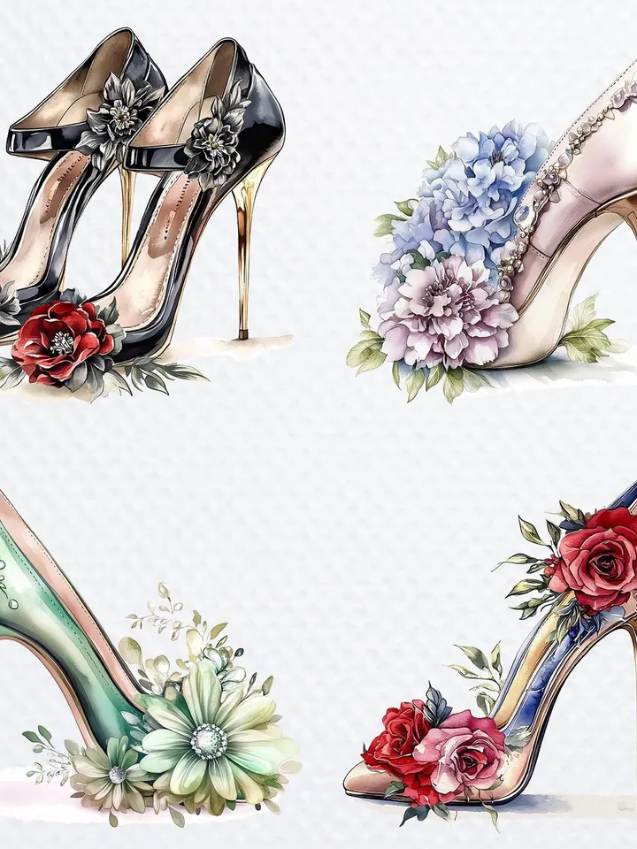 15 Floral Prom Shoes PNG Bundle, Printable Watercolor sublimation, High Quality PNGs, Digital download, Paper crafts, junk journals