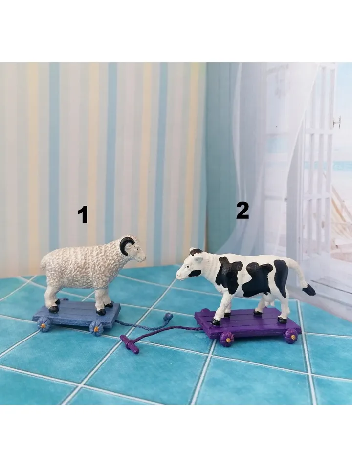 Animals on the cart. Doll toy. Scale 1:12.