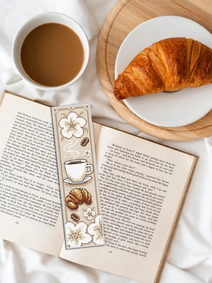 Coffee bookmark cross stitch pattern PDF download Coffee cup and croissant cross stitch chart Bookmark pattern digital PDF Coffee gift #B374