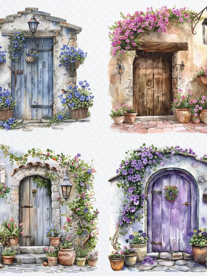 18 Vintage Floral Doors PNG Bundle, Old Doors Printable Watercolor clipart for sublimation, High Quality PNGs digital crafting, junk journal