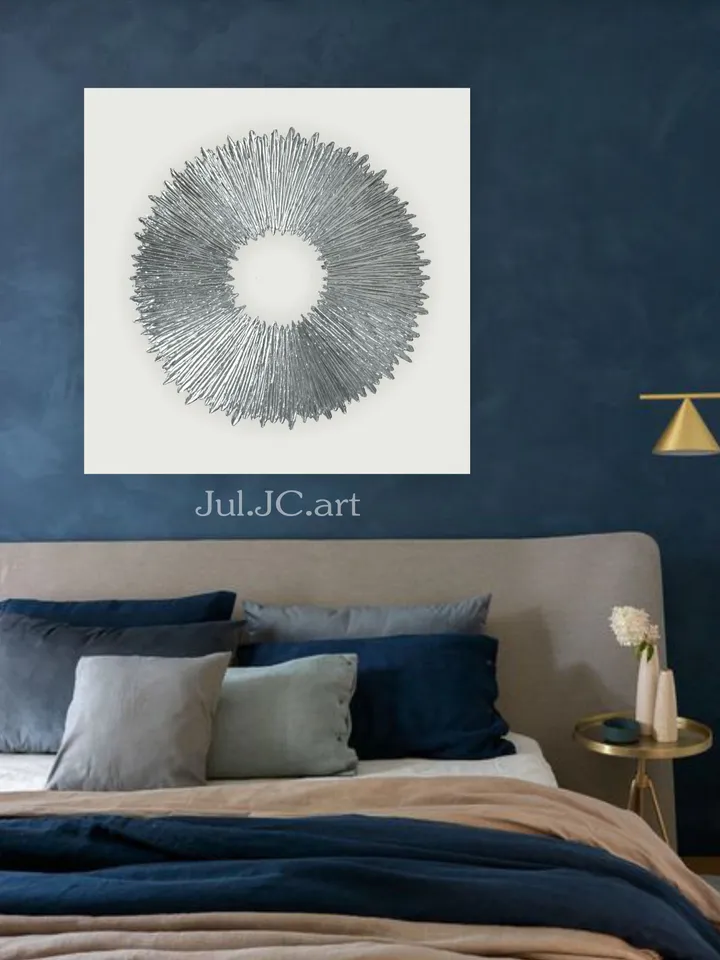 Silver and White Abstract Painting Silver Sun Original Art Textured artwork | Living room wall decor Above couch art