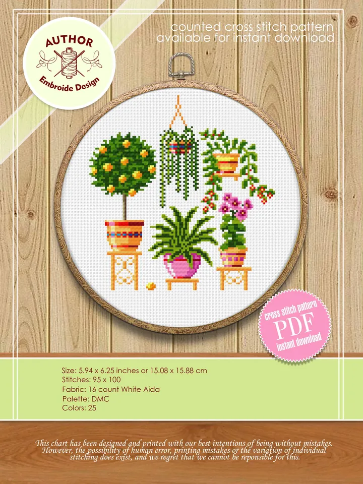 Potted plants cross stitch pattern download PDF Floral cross stitch sampler, Small house plant embroidery PDF, Garden cross stitch chart #P1