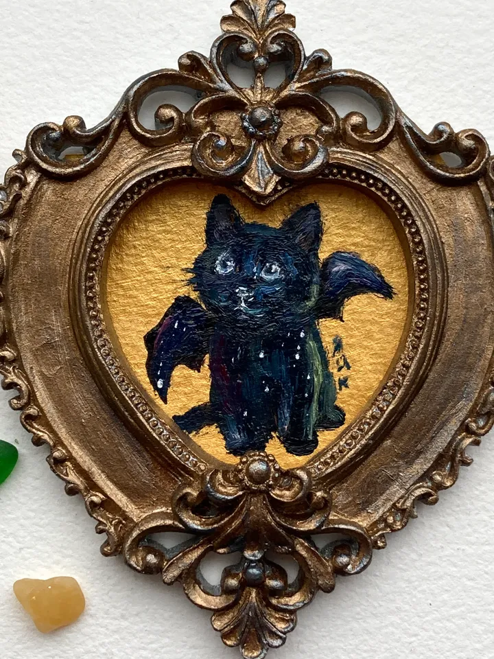 Bat Cat Painting Small Original Framed Art Goth Bat Gifts, Mini Gold Framed Decor, Cat Bat, Black Cat Art, Tiny Art Whimsigoth Decor