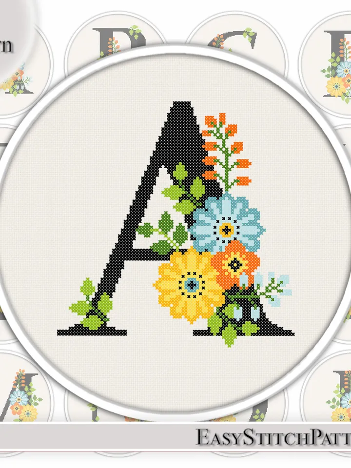 Floral Letter A Initial cross stitch pattern Monogram cross stitch Flowers Alphabet cross stitch