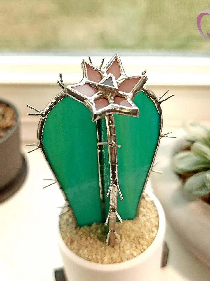 Small Stained Glass Torch Cactus with Mini Pink Flower Suncatcher in Cute Pot for Windowsill Decor Perfect No Kill Gift for Succulent Lover