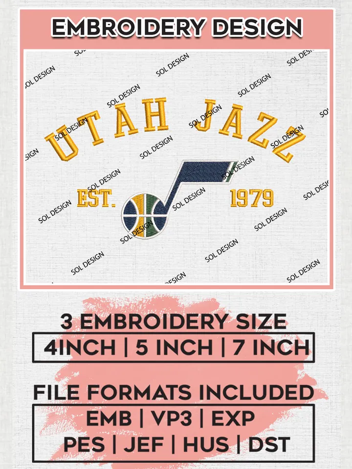 NBA Utah Jazz Basketball Team Est Logo Embroidery Design, NBA Utah Jazz Logo Embroidery Files, Basketball Team Machine Embroidery, Machine Embroidery Design