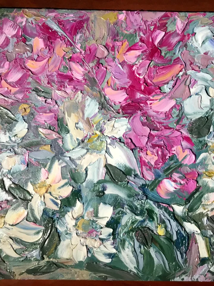 Pink and white flowers fantasy painting ,original oil impasto painting on small canvas board ,wall decoration,small gift.
