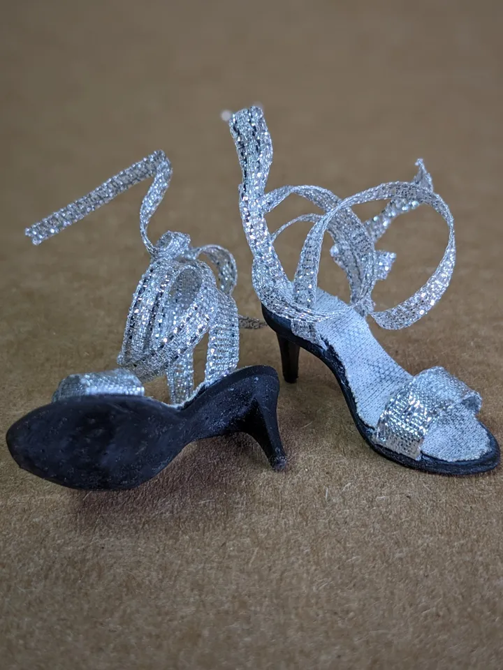 Handmade silver sandals with ribbon for 16-inch Fashion Royalty doll (FR16)