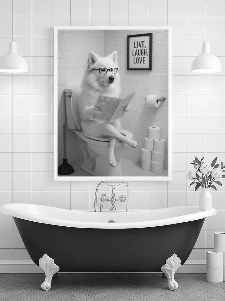 Funny Dog Reading on Toilet Wall Art, Samoyed Bathroom Humor Print, Cute Pet Lover Digital Download
