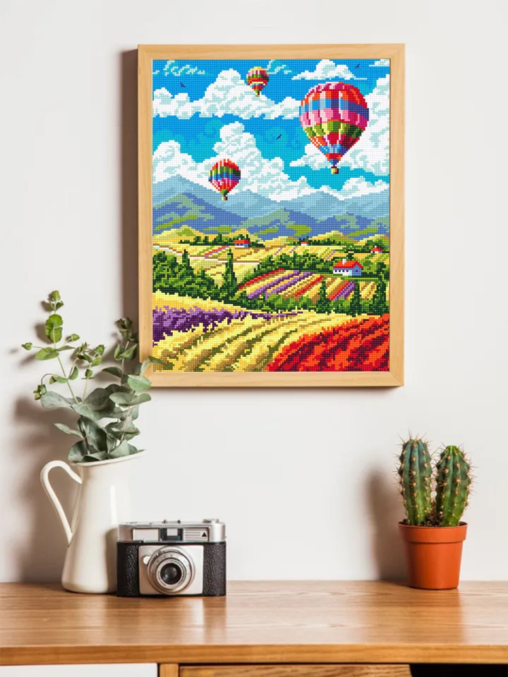 Hot air balloon over flower fields cross stitch pattern PDF download Nature cross stitch chart, Nature pattern digital PDF, Home decor #L73