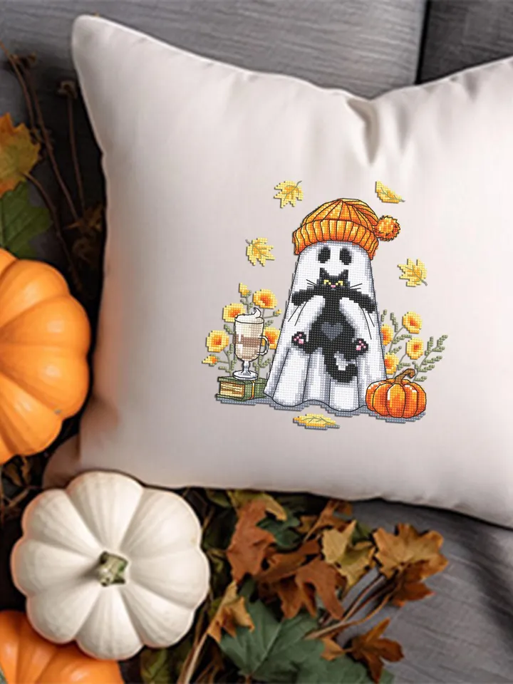 Ghost with black cat cross stitch pattern PDF download Cute ghost cross stitch chart, Halloween pattern digital PDF, Fall leaves #H87